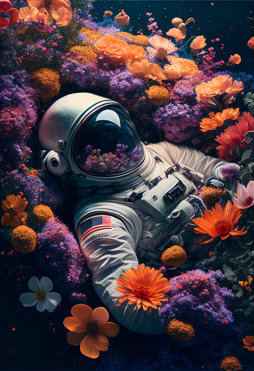 Astronaut laying in flowers-趣窝