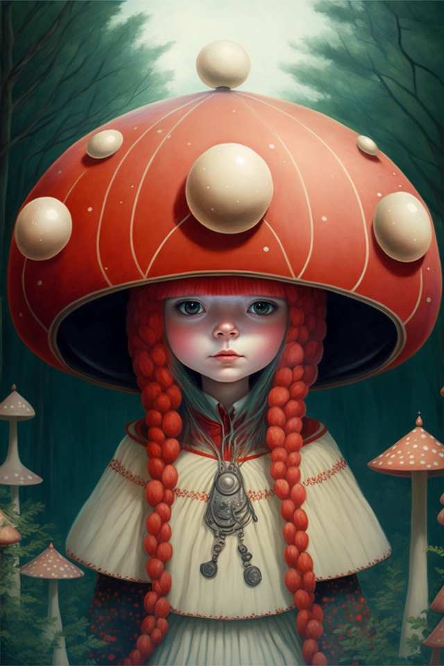 A painting of a girl in a forest and dressed as mushrooms-趣窝